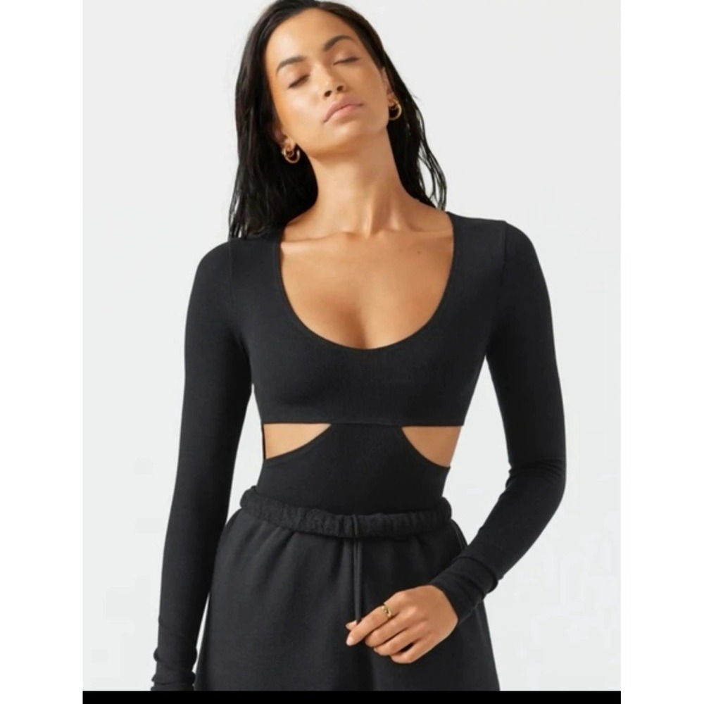 Joah Brown Fitted Cutout Long Sleeve Top Black FlexRib Size XS/S